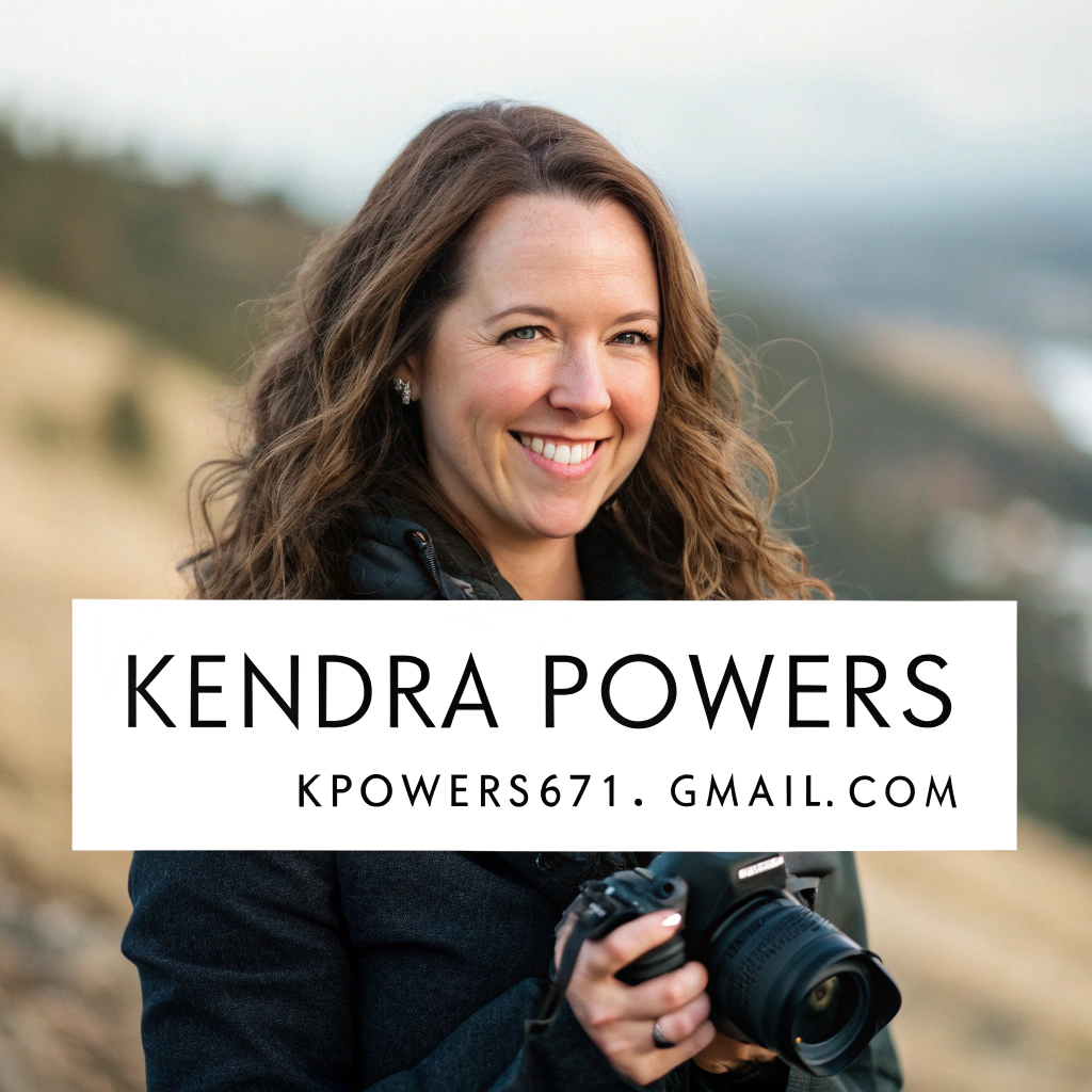 AI generated image by Red Panda AI: masthead for a photographer. Include "Kendra Powers" and the email address kpowers671@gmail.com