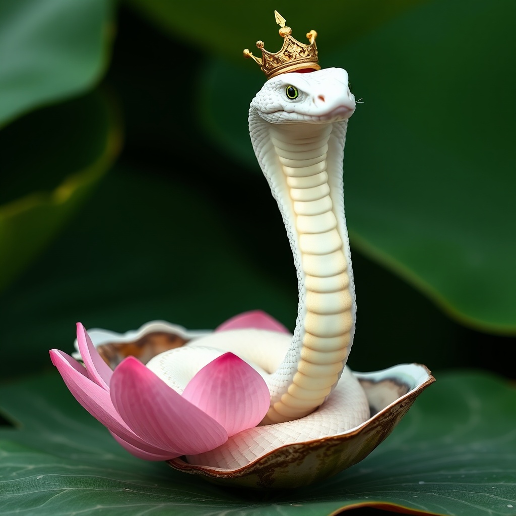 AI generated image by FLUX.1-schnell: A white and gold friendly king cobra emerging from a pink lotus flower, inside an open oyster shell