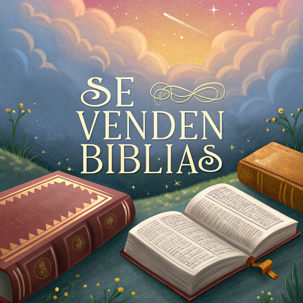 AI generated image by Red Panda AI: Ilustración artística con el texto “SE VENDEN BIBLIAS” en letras elegantes, rodeado de varias Biblias de distintos estilos: una antigua con detalles dorados, una moderna minimalista, una Biblia juvenil con colores vivos y una abierta mostrando páginas iluminadas. Fondo con degradados coloridos (azules, dorados y rosados), luz suave tipo atardecer, estilo pintura digital detallada y armoniosa.
