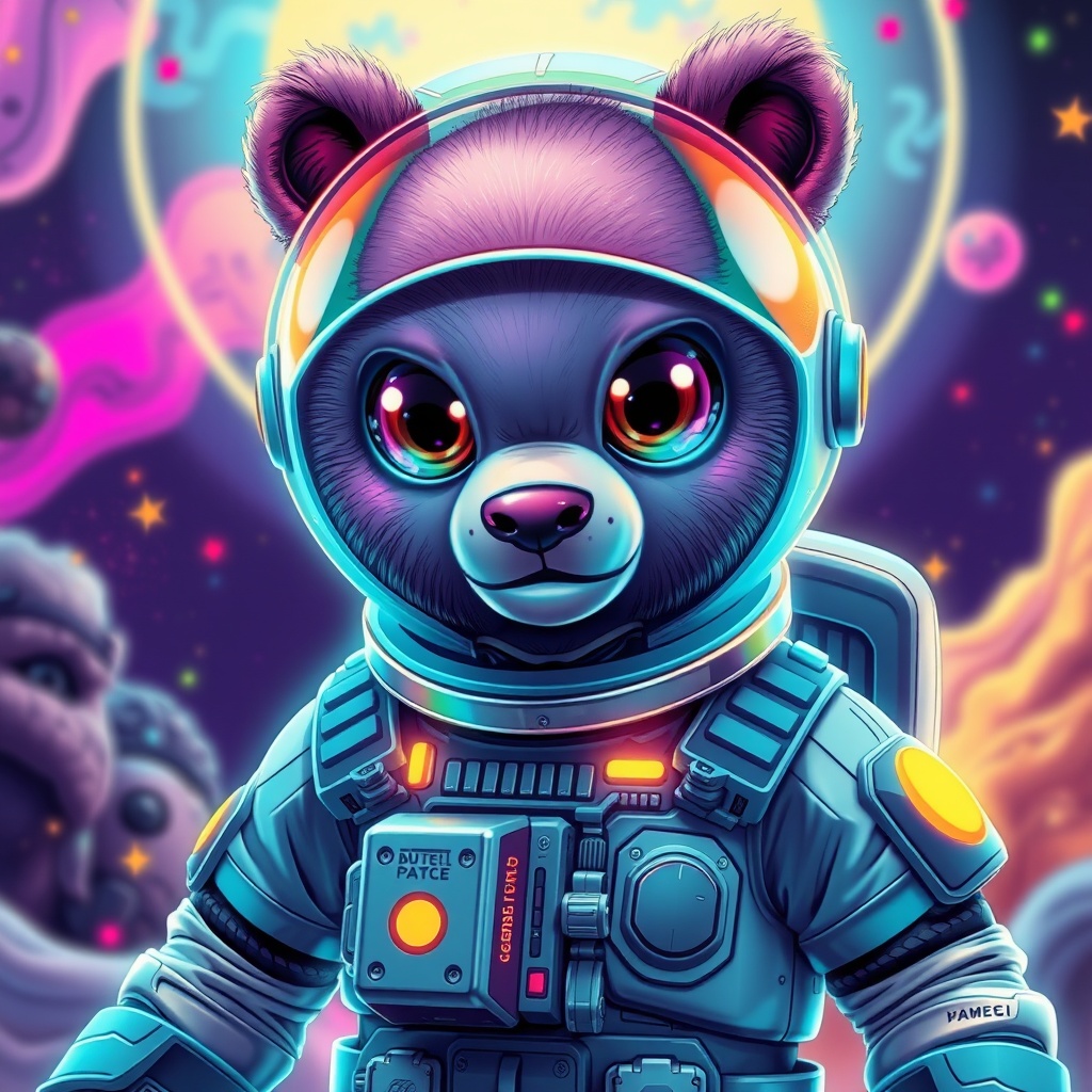 AI generated image by FLUX.1-schnell: A psychedelic space creature combining features of a cute bear and aquatic alien, wearing a sci-fi astronaut suit, glowing neon highlights, colorful vaporwave style background, comic-inspired eyes, futuristic tech gadgets on body, highly detailed digital art"
