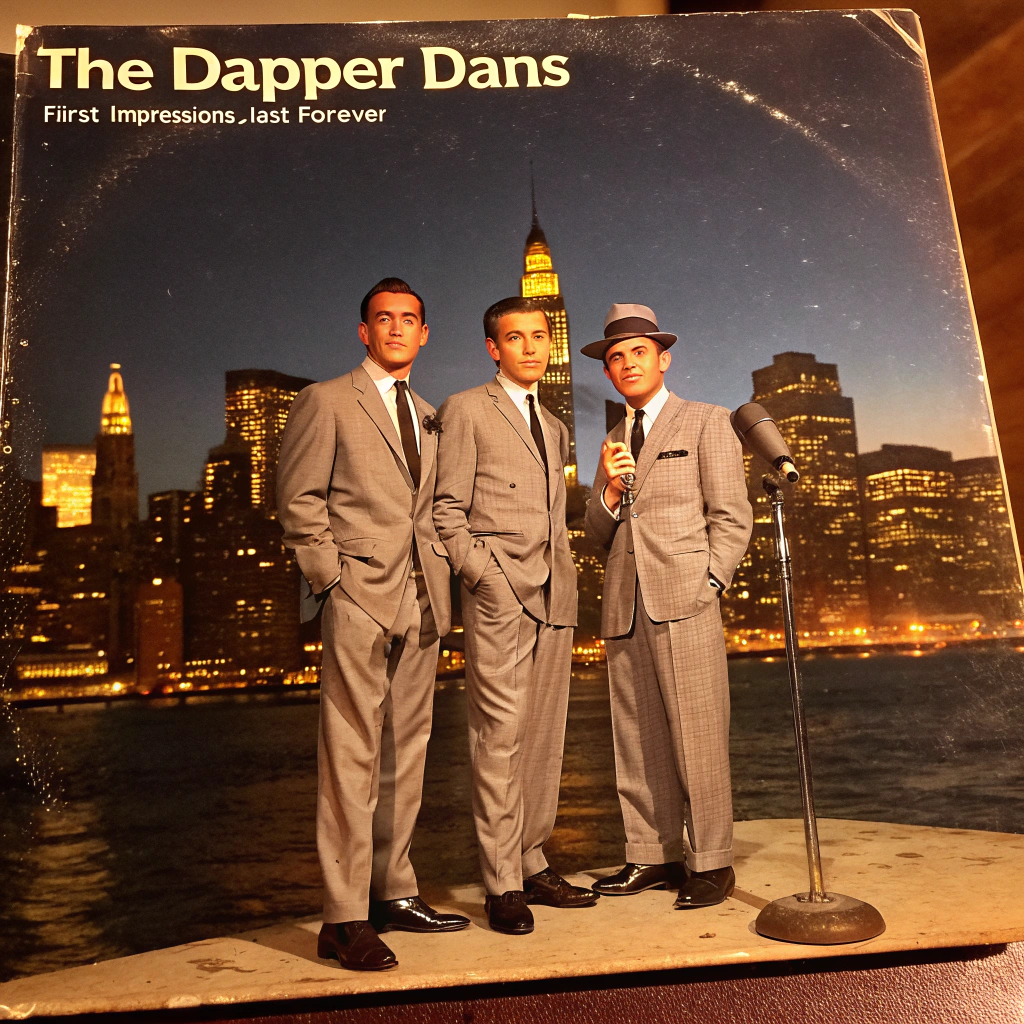 AI generated image by Red Panda AI: Imagine a used and worn vintage-style album cover set in the late 1950s or early 1960s. "The Dapper Dans", a group of three brothers, are posed in front of a sleek, glowing city skyline at night, bathed in warm golden light. They're wearing matching tailored suits with skinny ties, polished shoes, and pocket squares—each adding a hint of personal flair (one with a fedora, one adjusting his tie, one snapping his fingers).
The background has a deep navy and gold gradient, evoking a sense of elegance and nostalgia. A retro microphone on a stand is placed in the foreground, subtly catching the spotlight. The overall design exudes charm and sophistication, with smooth, stylish vibes befitting their crooner appeal. The title "First Impressions Last Forever" is written on the cover.