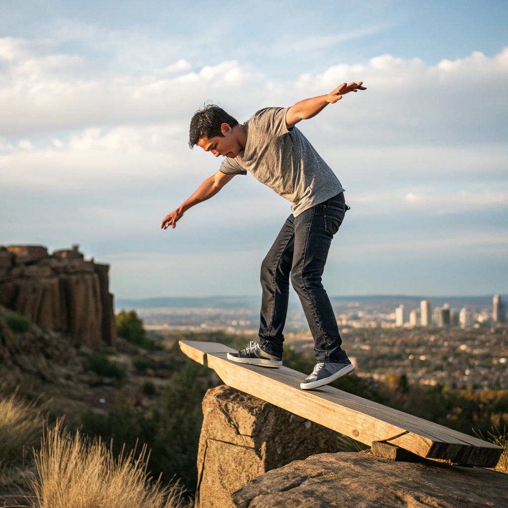 AI generated image by Red Panda AI: Here's the text in English:
> A man standing on a plank balanced above a void, in an extremely unstable position, as if he could fall at any moment. He is leaning slightly forward, with his arms extended for balance, and his face shows a tense expression. The plank appears to bend under his weight, creating a sense of imminent danger. The image should illustrate the idea that even the slightest additional weight, symbolized by "one more drop," could tip him over the edge.