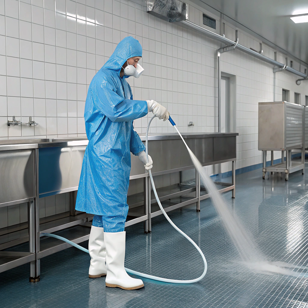 AI generated image by Red Panda AI: A person wearing a blue plastic protective suit and white plastic boots holds a white hose, rinsing down equipment in a poultry processing facility. The surroundings consist of stainless steel surfaces with a clean, organized look, and wet floors, conveying a sense of a sanitized and controlled environment typical of poultry processing. Water sprays from the hose, adding a sense of motion in a professional and hygienic atmosphere.