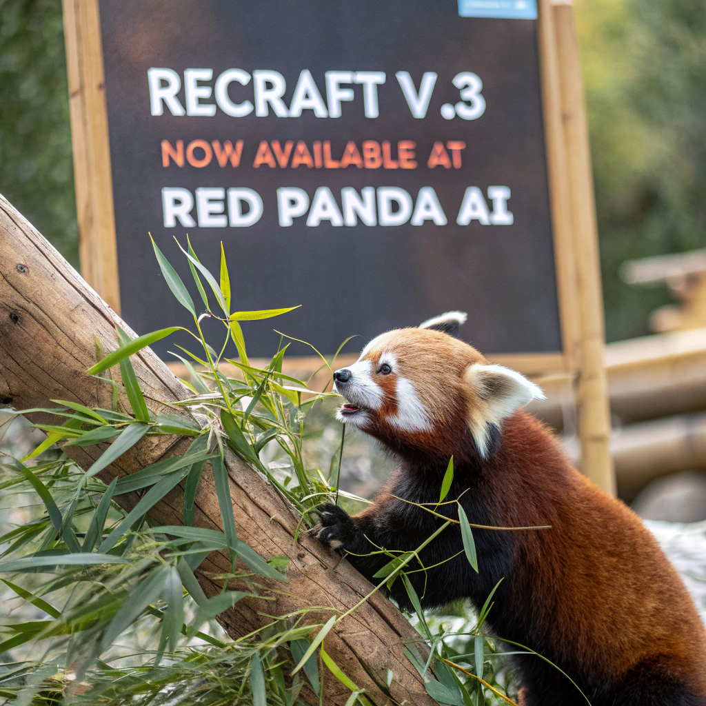 AI generated image by Red Panda AI: a red panda eating a bamboo in front of a poster that says "recraft V3 now available at red panda ai