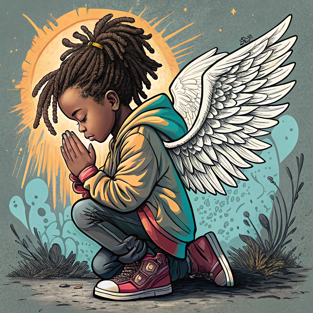 AI generated image by Red Panda AI: bebe con rastas con alas de ángel rezando, estilo de imagen grafiti, tamaño de imagen completa