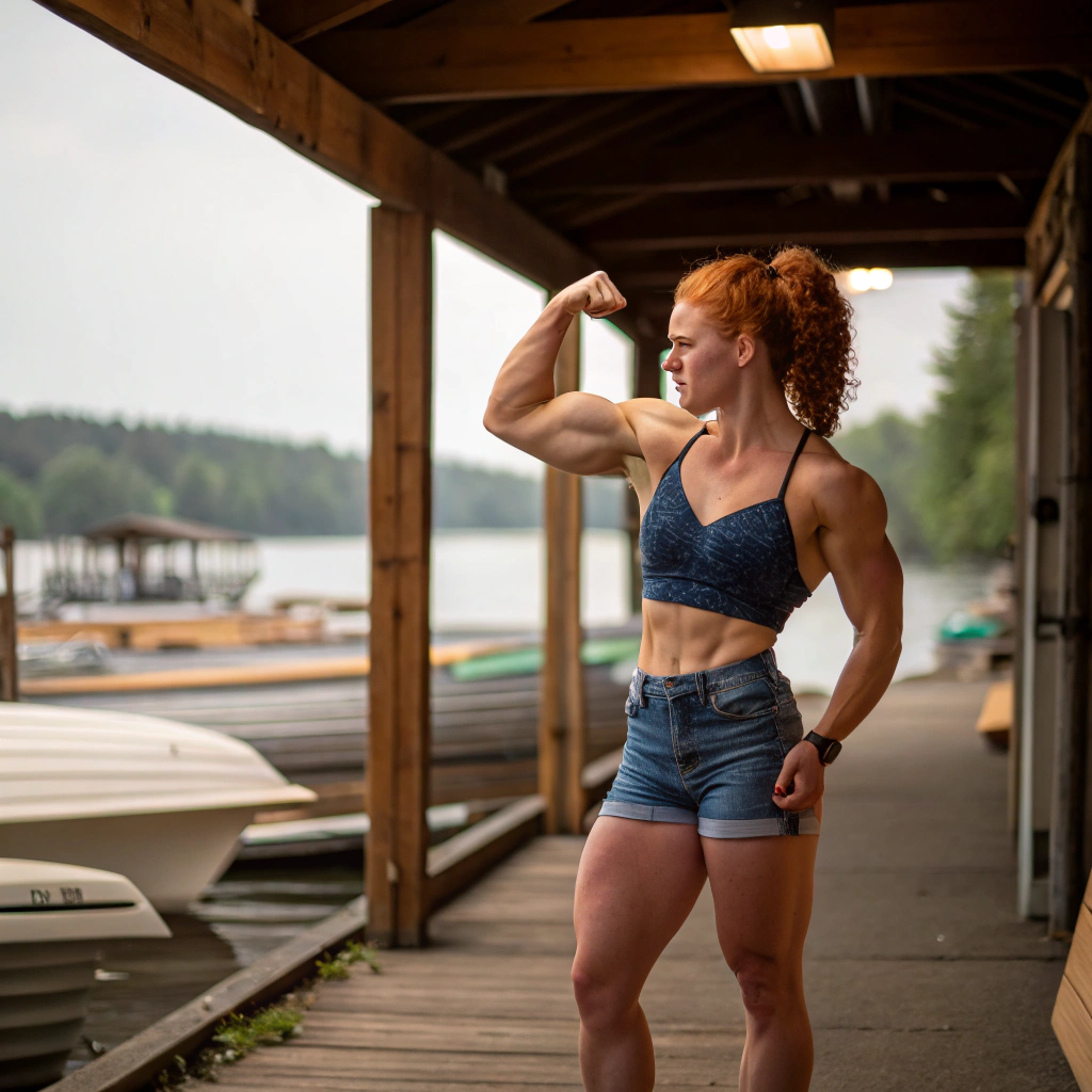 AI generated image by Red Panda AI: redhead muscular female powerlifter, age 22, natural, flexing biceps, jeans shorts, while leotard top, at the boathouse