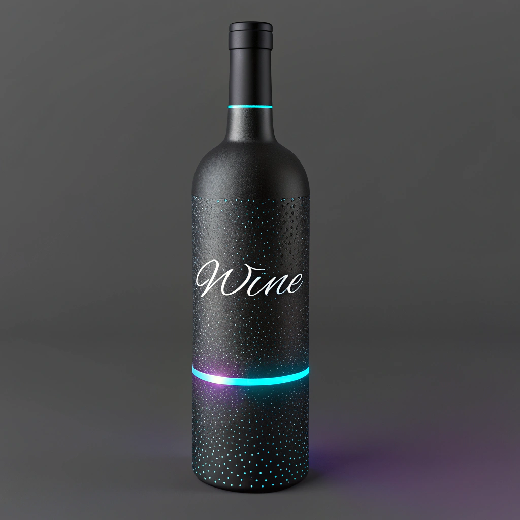 AI generated image by Red Panda AI: Imagine A sleek, futuristic wine bottle with a sturdy, tapered design features deep matte black glass fading to transparent charcoal near the base. The soft-touch surface adds elegance and comfort, while thin LED bands around the neck emit a violet-to-blue glow. A holographic, etched label displays the wine’s name in elegant silver, surrounded by a subtle stardust pattern. The metallic, iridescent twist-off cap releases a soft light pulse when opened, blending high-tech innovation with refined sophistication.
