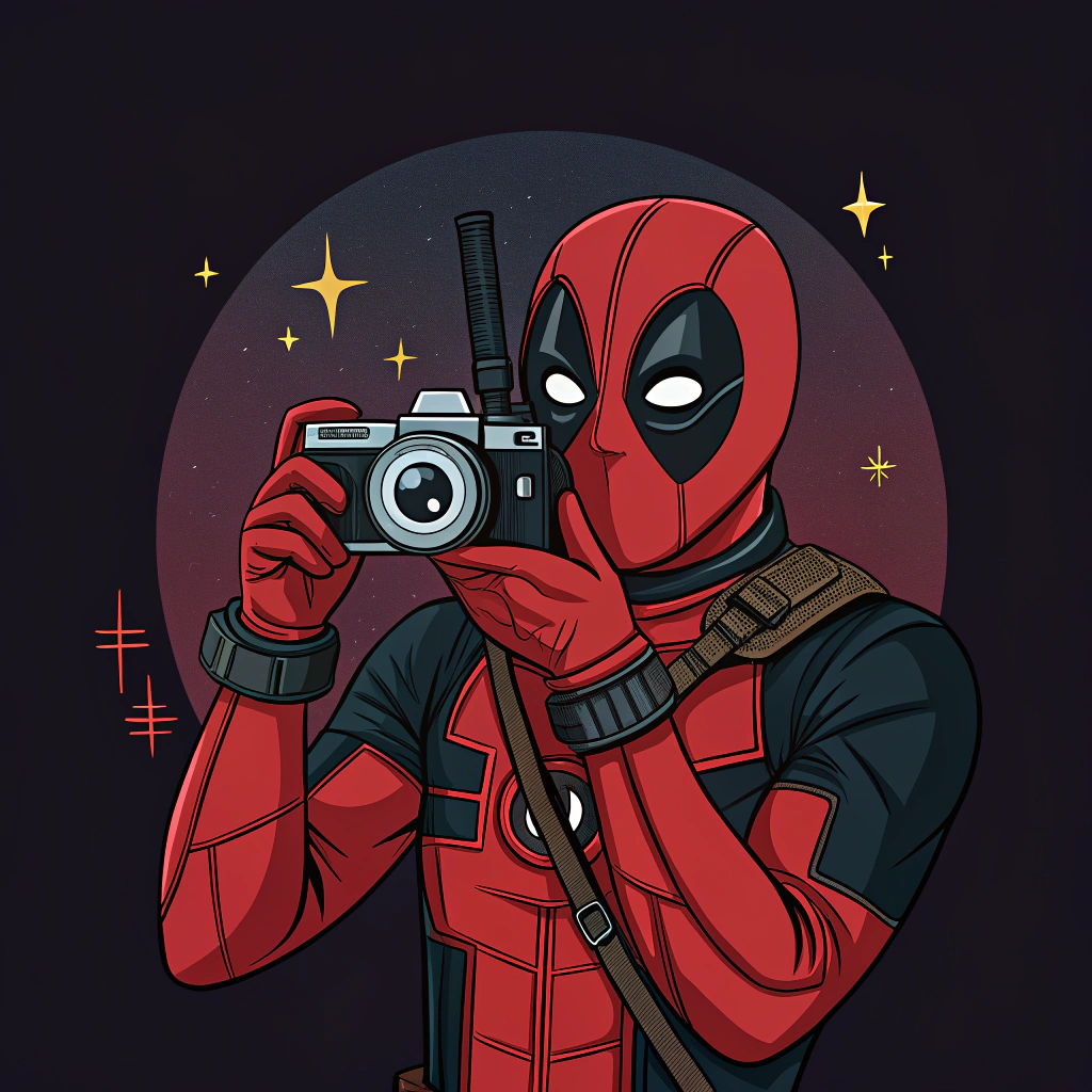 AI generated image by Red Panda AI: genera una imagen con el fondo oscuro y en el centro deadpool tomando una foto con una camara hacia enfrente todo esto estilo cartoon