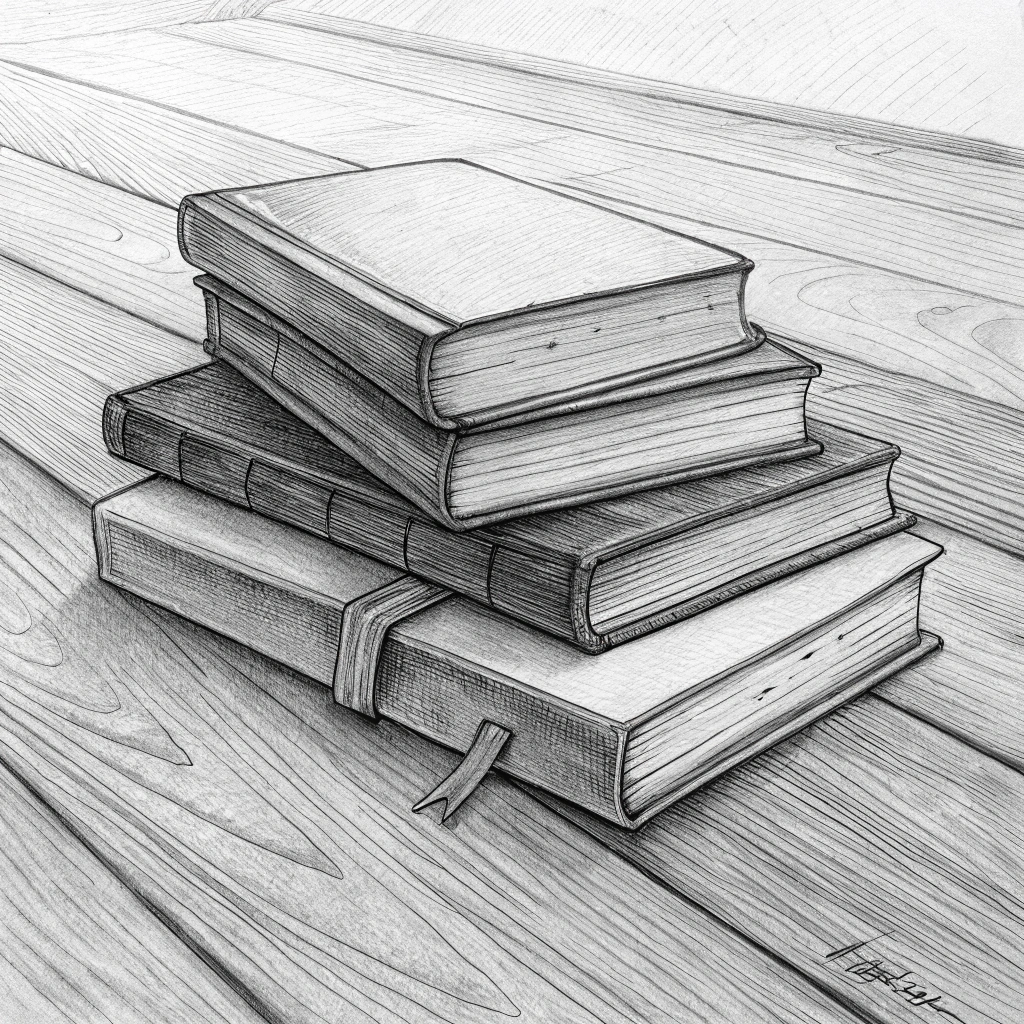 AI generated image by Red Panda AI: Retrata un sketch en blanco y negro de varias pilas de libros puestas en un piso de madera. Que el dibujo sea detallado.