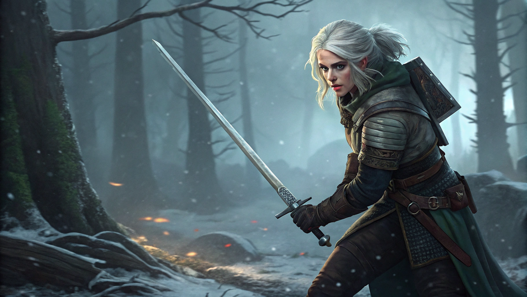 AI generated image by Red Panda AI: "A fantastical scene inspired by The Witcher universe, centered around Ciri, the ashen-haired Child of Destiny. She stands in the heart of an ancient forest, her silver sword gleaming faintly in the dim light filtering through the canopy of twisted, snow-dusted trees. Her piercing green eyes reflect determination and a hint of sadness. The ground is strewn with leaves and frost, and faint magical energy emanates from her hands, hinting at her connection to the Elder Blood. In the background, the silhouettes of monstrous creatures loom in the mist, and distant ruins of an elven city rise amidst the forest. The atmosphere is a blend of magic, danger, and haunting beauty, perfectly capturing the duality of the Witcher universe.
