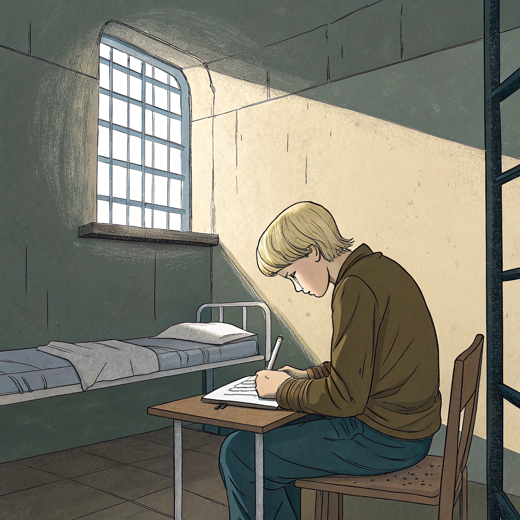 AI generated image by Red Panda AI: un niño rubio de 14 años escribiendo un libro en la carcel