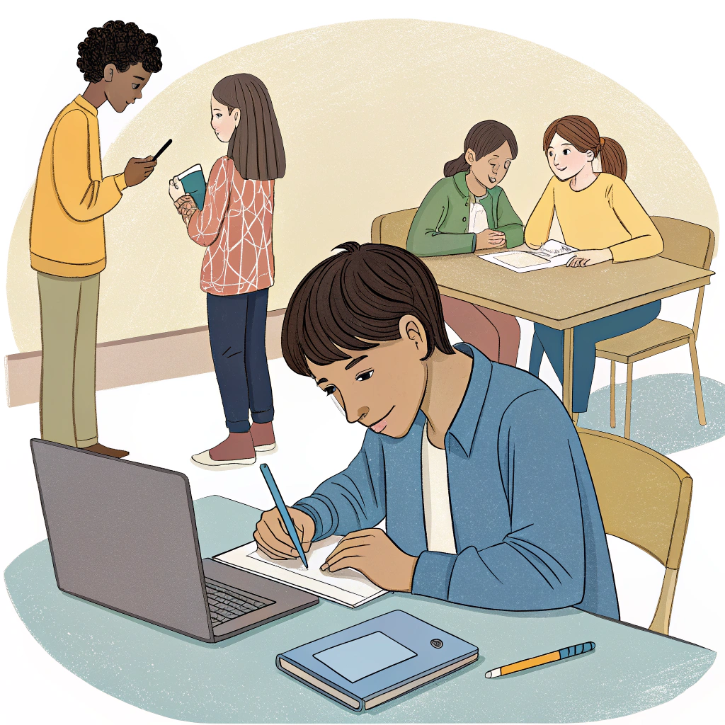 AI generated image by Red Panda AI: generar imagen donde un estudiante hace el trabajo y los demás no ayudan en un trabajo colaborativo