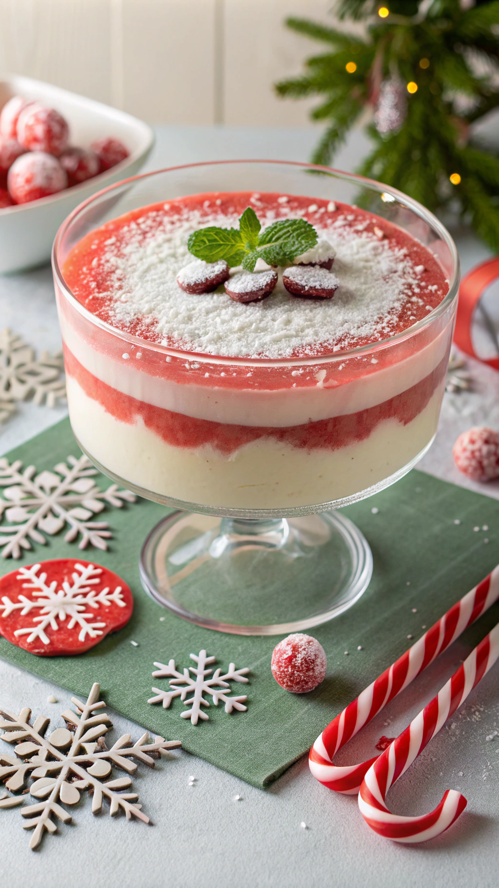AI generated image by Red Panda AI: Illustrate a layered gelatin mousse in a glass dish, showcasing its smooth, creamy texture and vibrant color. Add small holiday details like a sprig of mint or a dusting of powdered sugar on top, and present the dish on a table with snowflake patterns or candy canes. The style should be modern, with flat, bold colors and a soft holiday ambiance in the background.