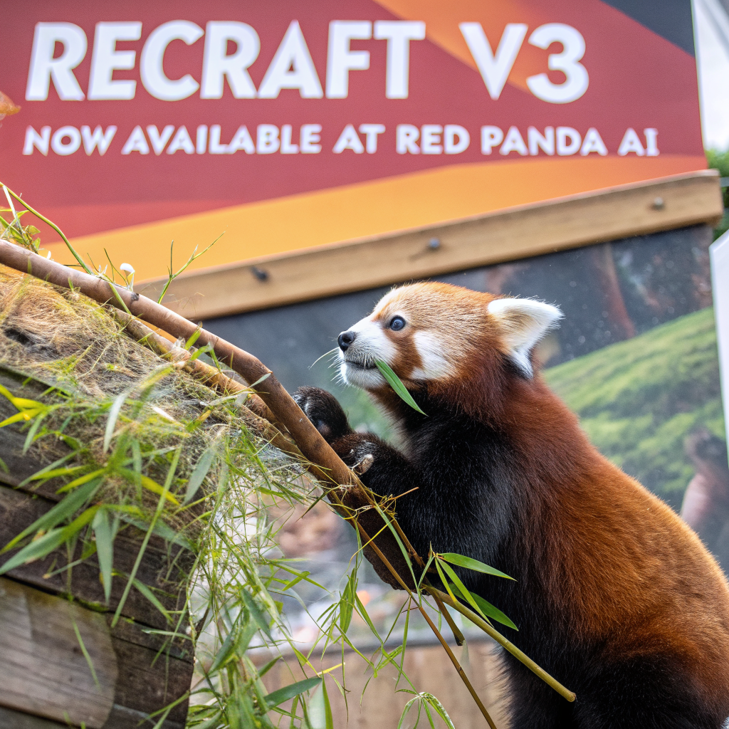 AI generated image by Red Panda AI: a red panda eating a bamboo in front of a poster that says "recraft V3 now available at red panda ai
