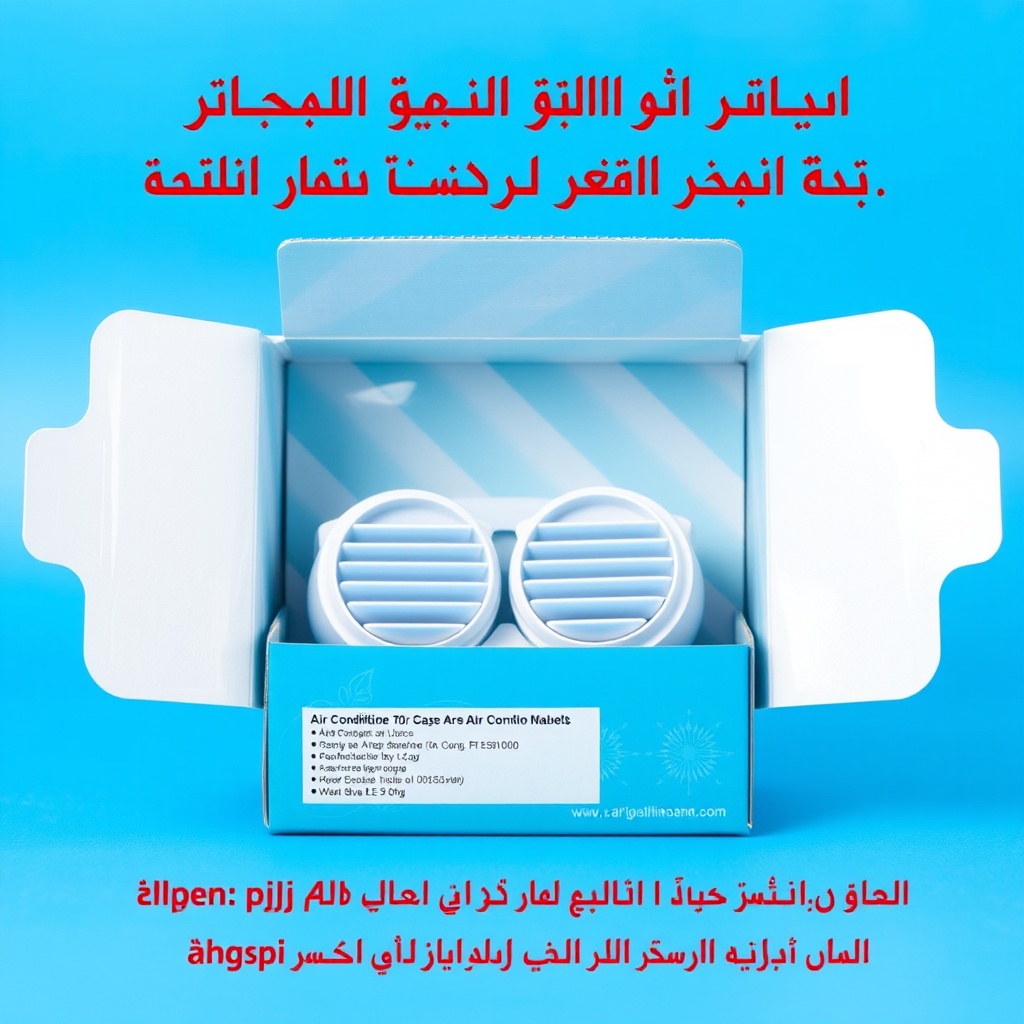 AI generated image by FLUX.1-schnell: A blue packaging box for a air conditioner, partially open to reveal two air conditioner inside. The background is a solid blue color, and there is Arabic text above and below the box indicating the purpose and dosage instructions for the medication
