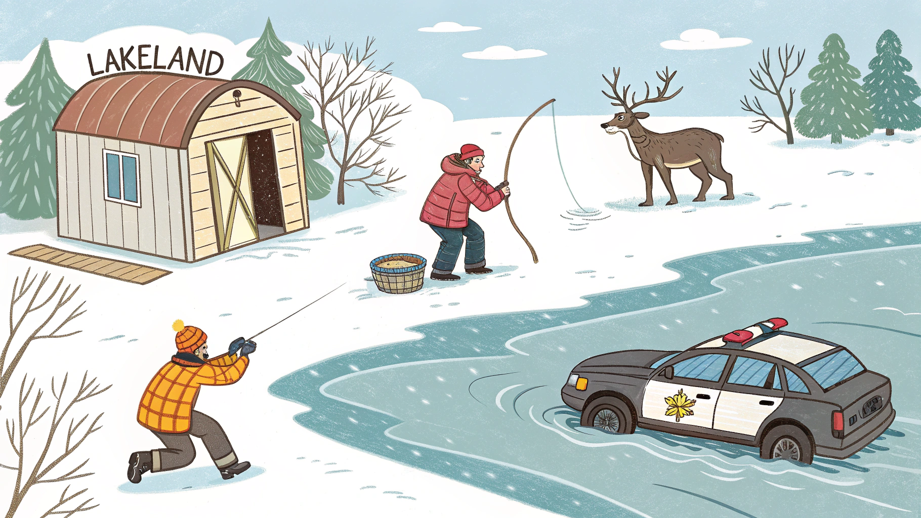 AI generated image by Red Panda AI: Ice fishing at "Lakeland", a deer on crutches, sheriff patrol races past chasing a drunk driver, cartoon style