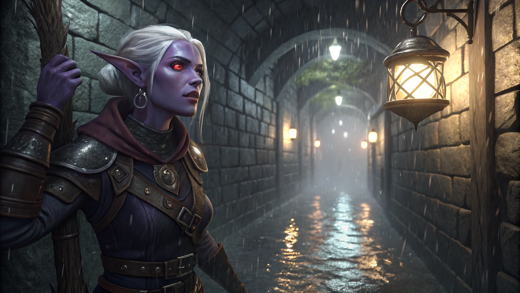 AI generated image by FLUX.1-schnell: a cinematic scene close up and eye level in a dim wet stone dungeon hallway with one character ( female elf purple skin red eyes wearing dark leather armor white hair earrings black pants) she is holding up a lantern illuminating the dark hallway