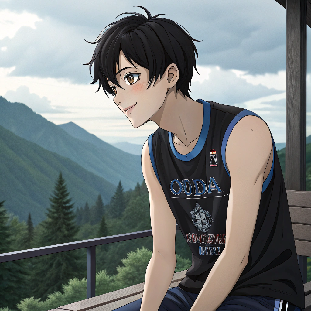 AI generated image by Red Panda AI:
A very skinny guy, black hair, light pink eyes, black sleeveless t-shirt AND blue edges with gundam prints, sitting in a bench in a mountain, posing to the camera, shy xpression, cute appareance, a soft smile in His lips, in anime, selfie type