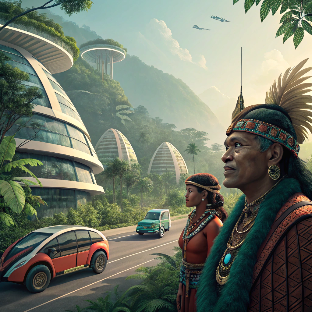 AI generated image by Red Panda AI: genera una imagen futurista del año 2050 donde se vea a los indigenas de la amazonia peruana