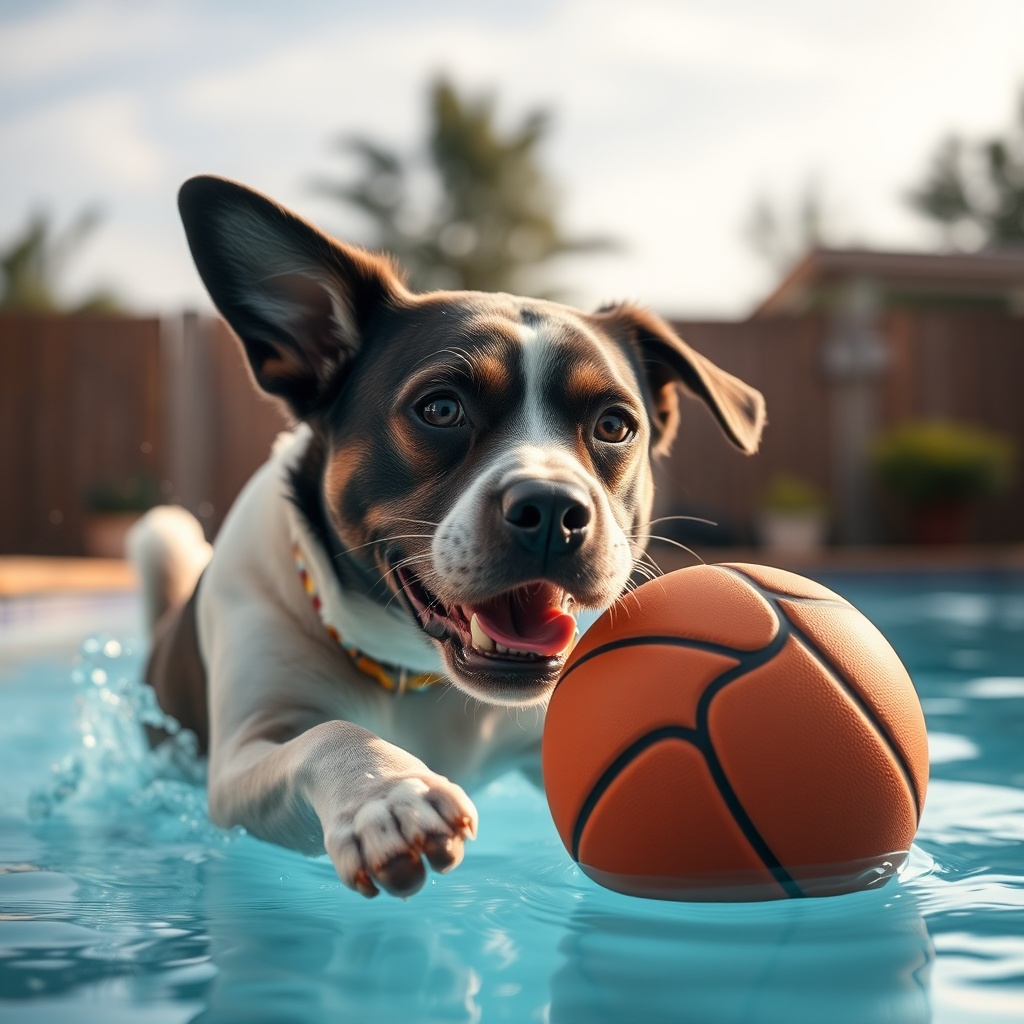 AI generated image by FLUX.1-schnell: a dog playing with a basketball in swimming pool