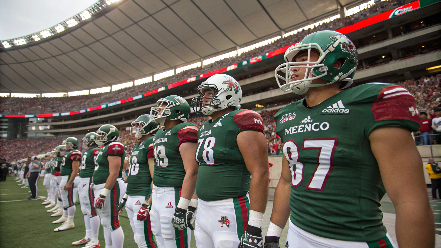 AI generated image by Red Panda AI: generate a mexican team of american fooball players in the middle of the stadium, full body, hyper realistic, photographic, canon eos, dlsr, 4k