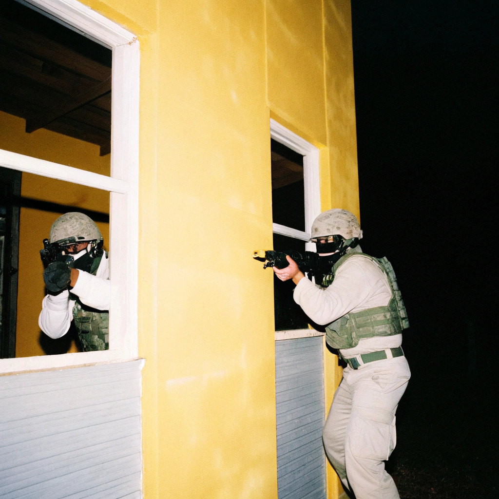 AI generated image by Red Panda AI: gopro footage of delta force engaging enemy terrorists in cqb at night