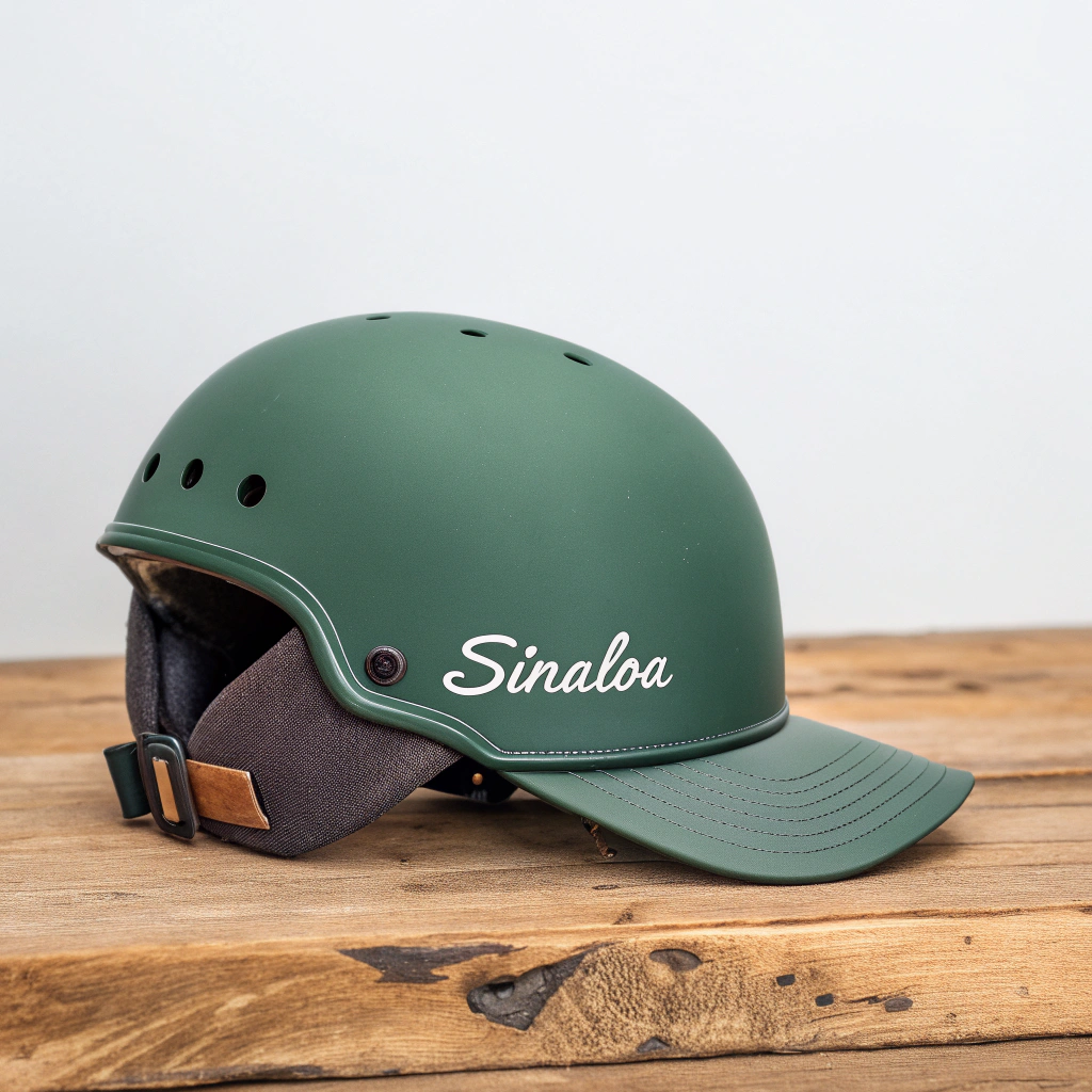 AI generated image by Red Panda AI: un casco verde con una cachucha arriba de frente enfocada en el asco de abajo y la gorra que diga sinaloa