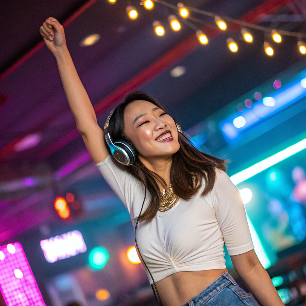 AI generated image by Red Panda AI: 20대 한국인 여성 클럽룩 복장을 착용 웃으면서 춤을 추고 있다.