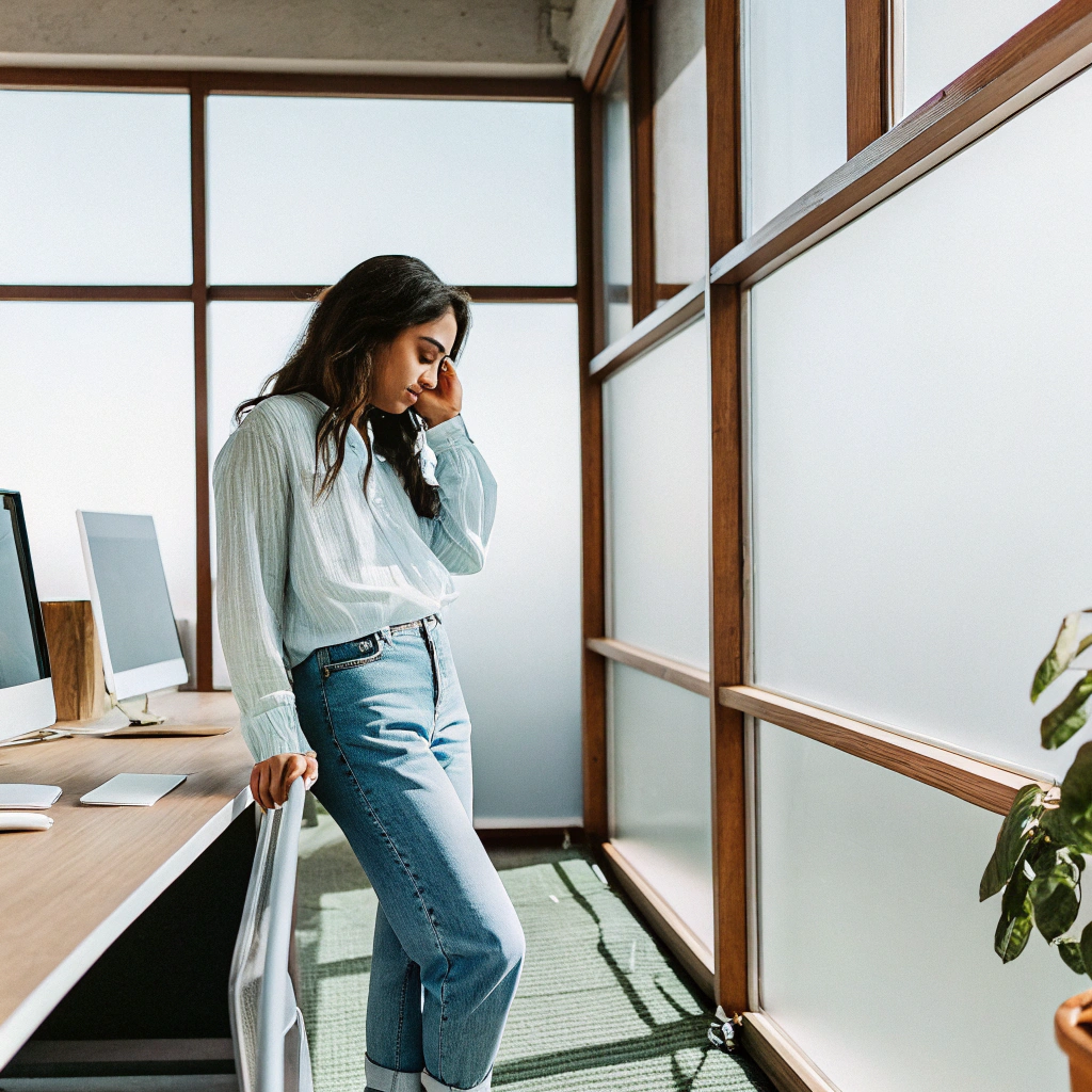 AI generated image by Red Panda AI: Full body shot. A shy, stunning, attractive, young woman standing next to a modern office desk, her hip slightly resting against the edge as she leans back with one hand supporting her behind her on the tabletop. Her other hand nervously plays with a strand of her hair, and her eyes are cast downward, a soft blush on her cheeks. The office is bright and sleek, with minimalist decor, computer monitors, and an open workspace filled with natural light. Realistic 4k photo, taken by Nikon D 850.