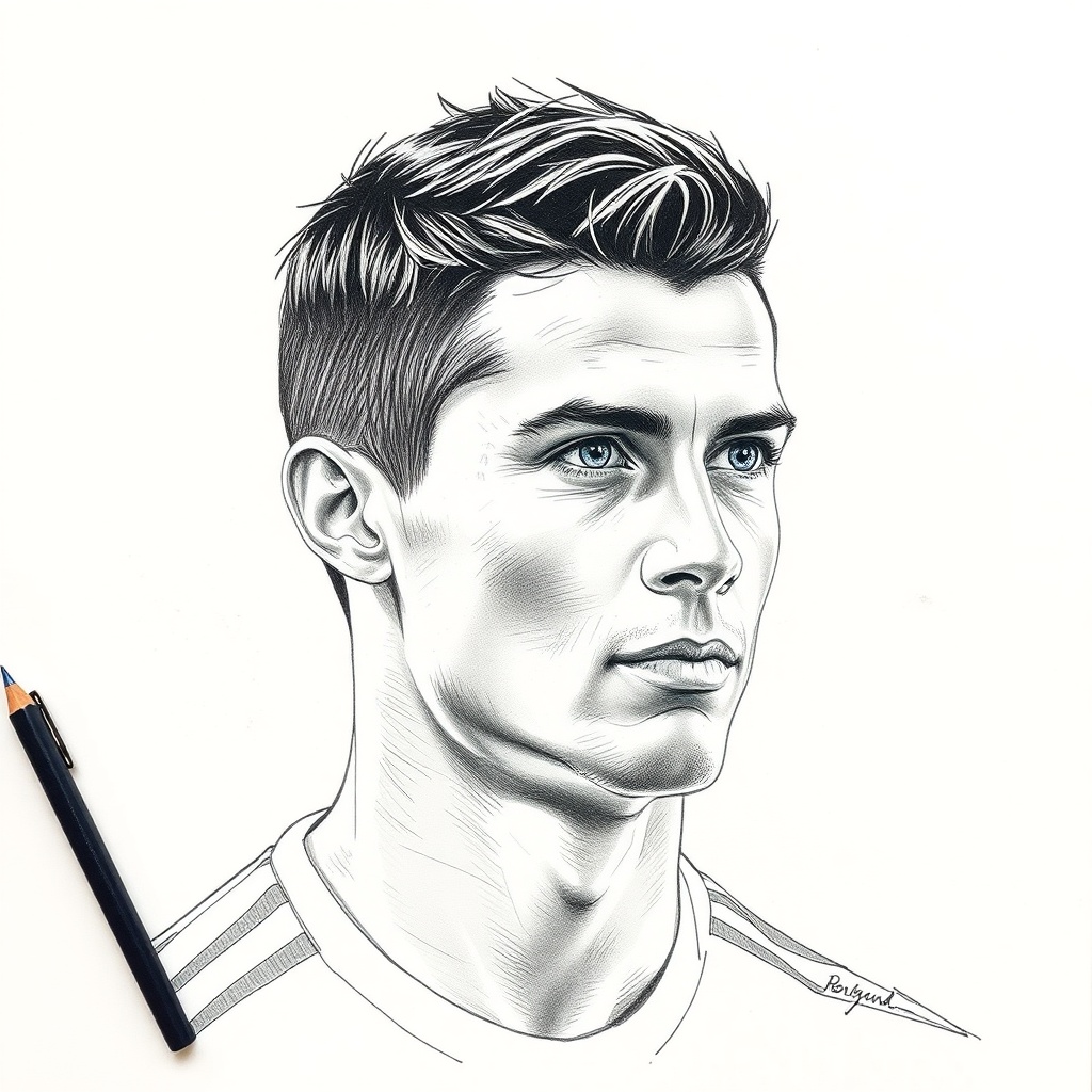 AI generated image by FLUX.1-schnell: Erstelle ein halb fertig gezeichnetes Porträt von Cristiano Ronaldo, das aussieht, als wäre es gerade in der Entstehung.
Das Bild soll von links nach rechts oder von oben nach unten wie eine Live-Zeichnung wirken – die ersten Bereiche bestehen aus groben Skizzen oder leichten Bleistiftlinien, mittlere Teile zeigen genauere Outlines und Schattierungen, und nur der letzte Teil (z. B. das rechte Auge, Teile des Gesichts oder die Frisur) ist vollständig detailliert und koloriert.
Stil: realistisch, mit sichtbaren Zeichen- und Schraffurspuren, wie ein Künstlerportrait auf Papier.
Ziel: Der Betrachter erkennt nicht sofort, dass es Cristiano Ronaldo ist – erst beim genaueren Hinsehen oder durch die letzten Details. Hintergrund neutral (weiß oder leicht grau), Fokus komplett auf dem Zeichnungsprozess. Kein Text, keine Effekte.