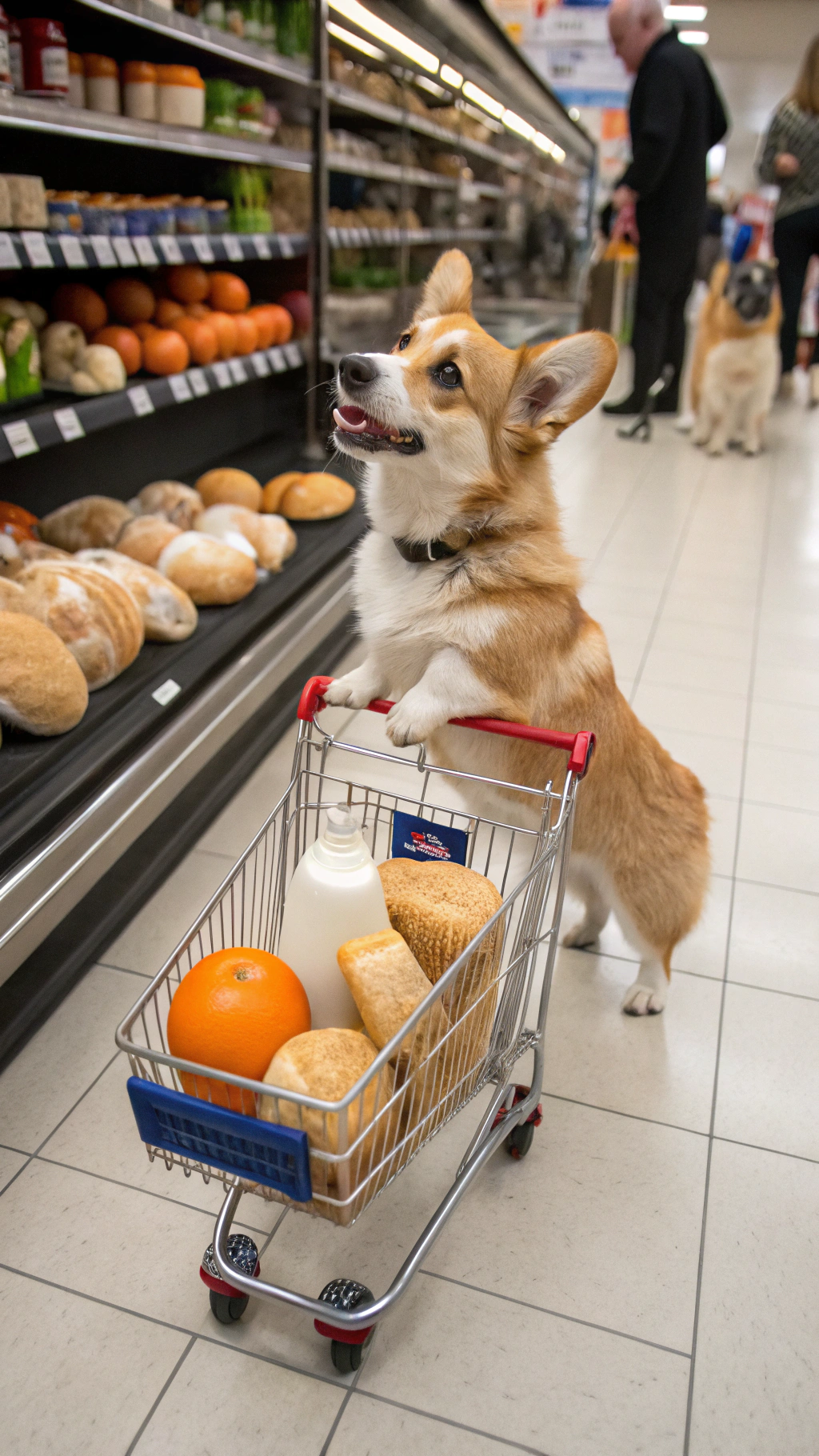 AI generated image by Red Panda AI: anthropomorphic standing naked corgi holding an orange with its front paw while pushing a miniature shopping cart filled with milk and bread. There are a mix of dogs shopping in the background. Fruit aisle of an american grocery store.