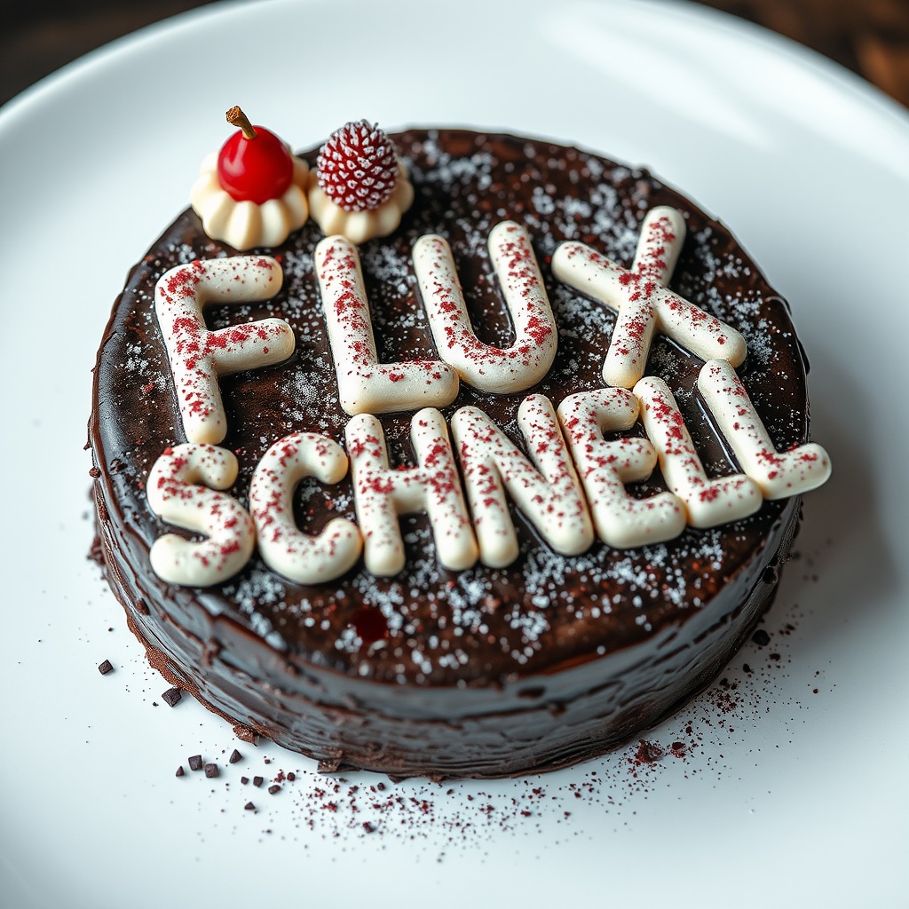 AI generated image by FLUX.1-schnell: black forest gateau cake spelling out the words "FLUX SCHNELL", tasty, food photography, dynamic shot