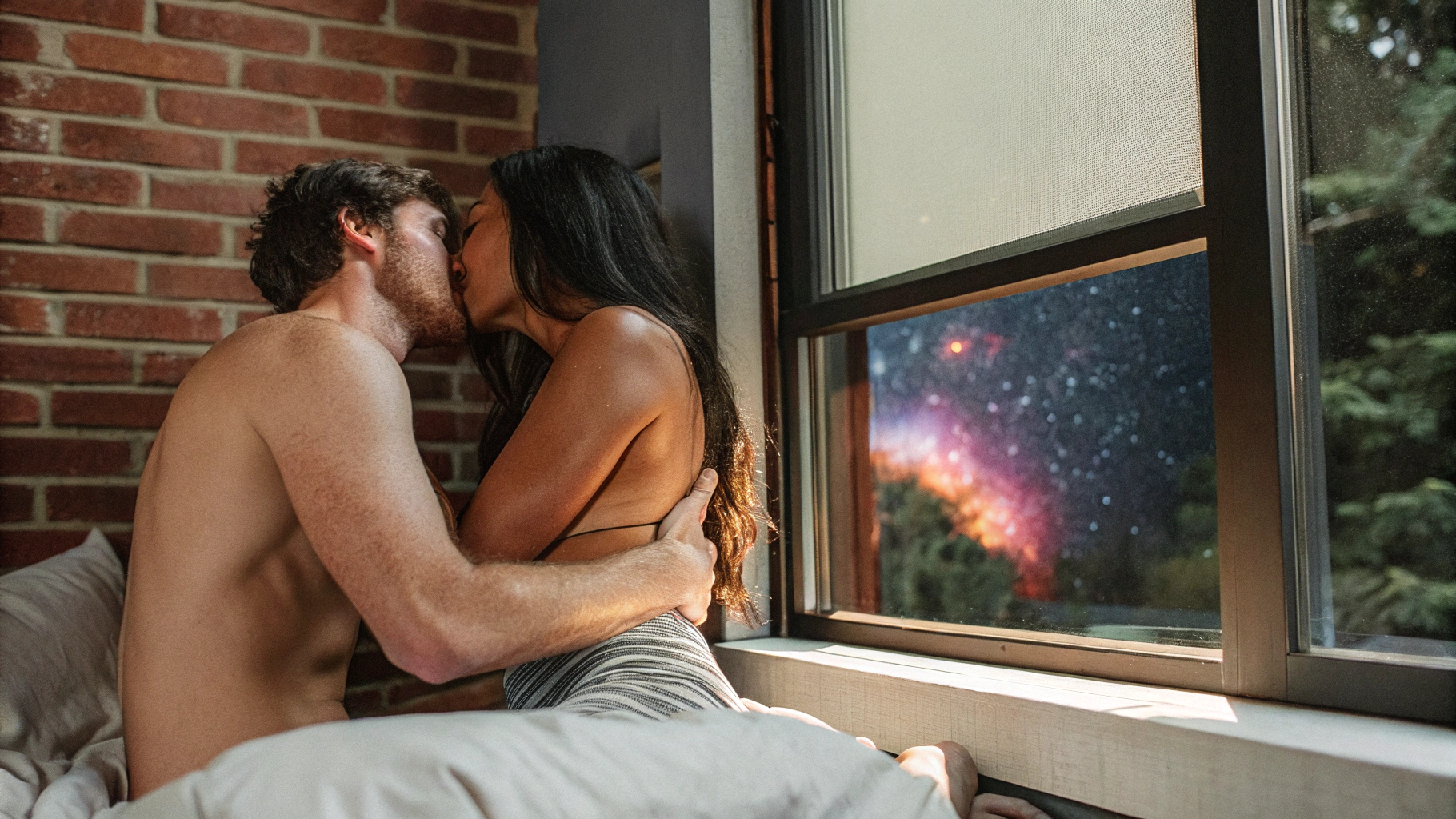 AI generated image by Red Panda AI: a close up beautiful well illuminated nude profile image of a man sitting down and a woman straddled over him kissing and making love , her arms are arround his neck and her breasts revealed, they are surrounded by stars, nebulas, energy waves of different colors, there is a prominent and thick energy field of white light surrounding them, and from that energy field of white light there are beautiful energetic and colorful light rays forming an explosion of colorful energy light rays arround outward into space