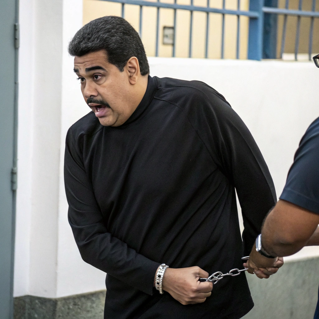 AI generated image by Red Panda AI: nicolas maduro con camisa de negro manga larga siendo esposado y sorprendido que salga cuerpo completo de un costado