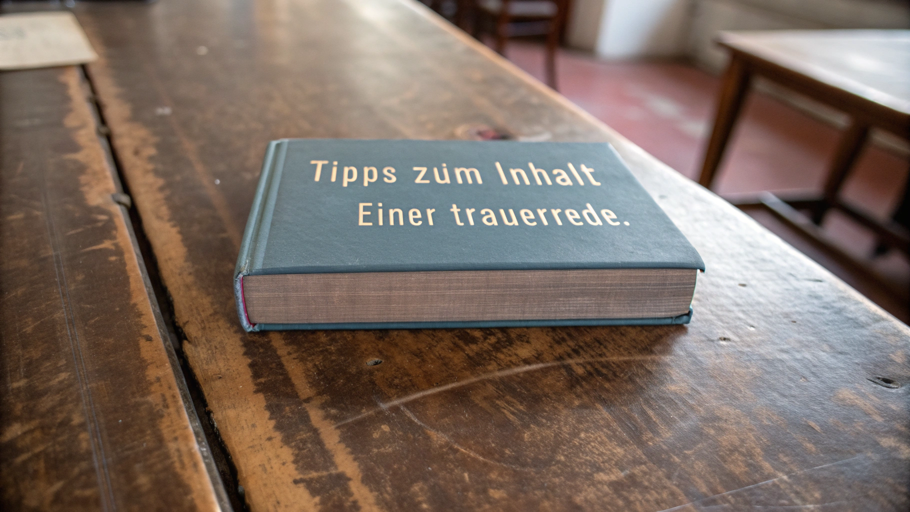 AI generated image by Red Panda AI: Ein geschlossenes Buch liegt auf einem großen alten Tisch. Der Titel des Buches ist: "Tipps zum Inhalt einer Trauerrede." Der Blickwinkel des Bildes soll direkt von oben auf das Buch sein.
