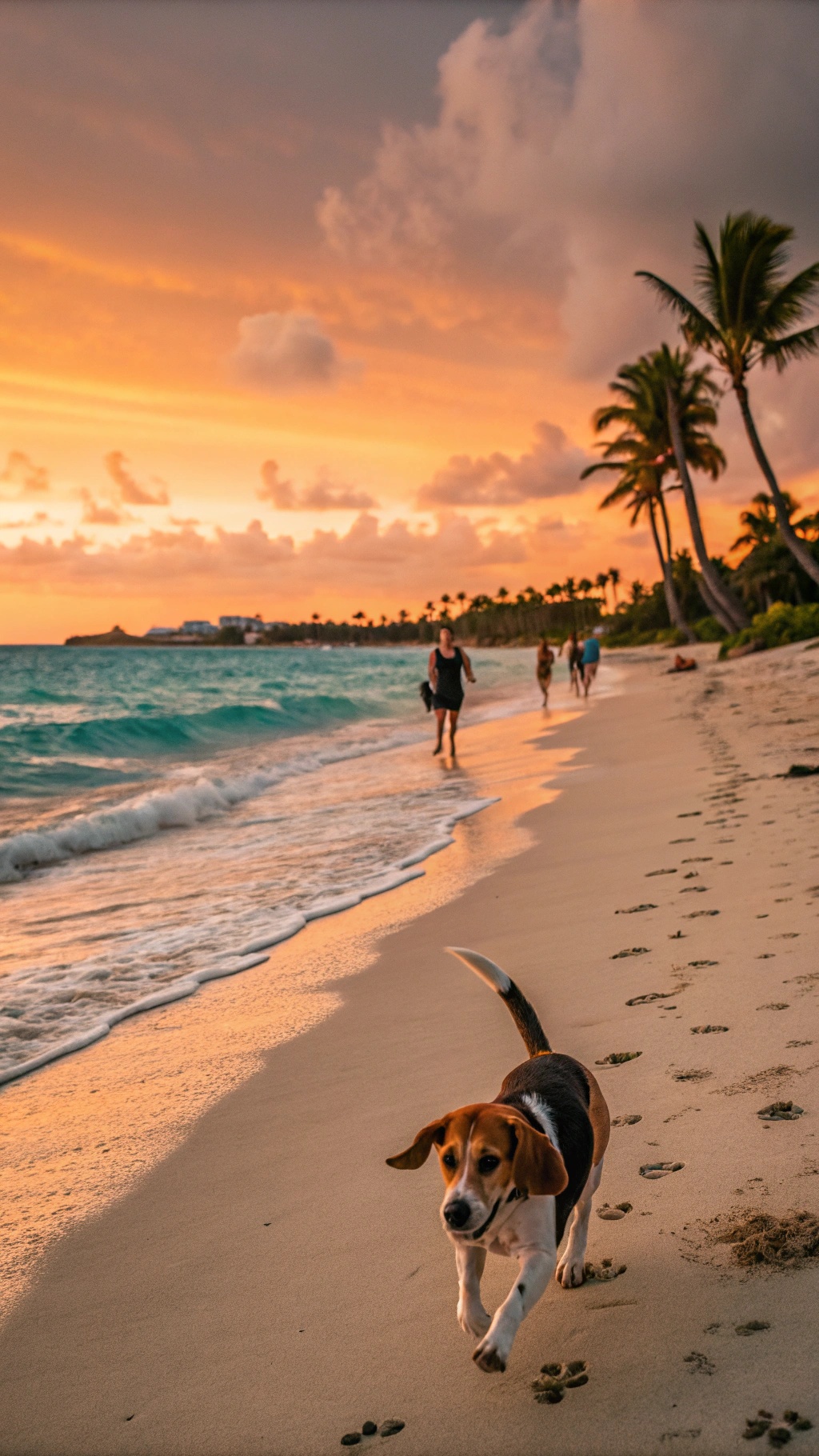 AI generated image by Red Panda AI:
create a realistic image of a beagle dog running along the beach, with people on the beach and an orange sunset, the color of sea is like caribean