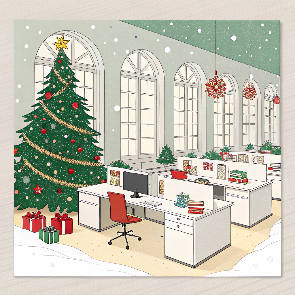 AI generated image by Red Panda AI: Generate a Christmas card with fairy tale graphics. in the accounting office where there are white desks, a computer, a large Christmas tree with many presents, with a lot of Christmas accents