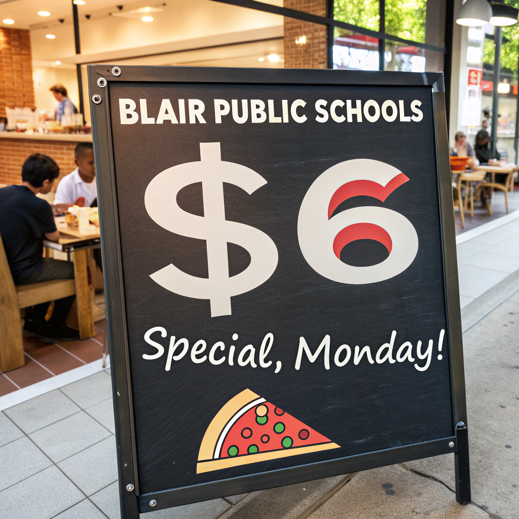AI generated image by Red Panda AI: Pizza Restaurant called "Blair Public Schools" has sign that reads "$6 Special, Monday!"