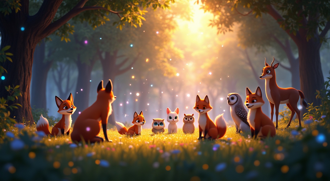 AI generated image by FLUX.1-pro: A vibrant clearing in the forest filled with a variety of animals: foxes, owls, deer, and other woodland creatures, their eyes glowing softly as dream-like colored lights float from them into the sky. The mood is magical and harmonious, with a warm golden light suffusing the scene. -ar 16:9 Disney Pixar Style