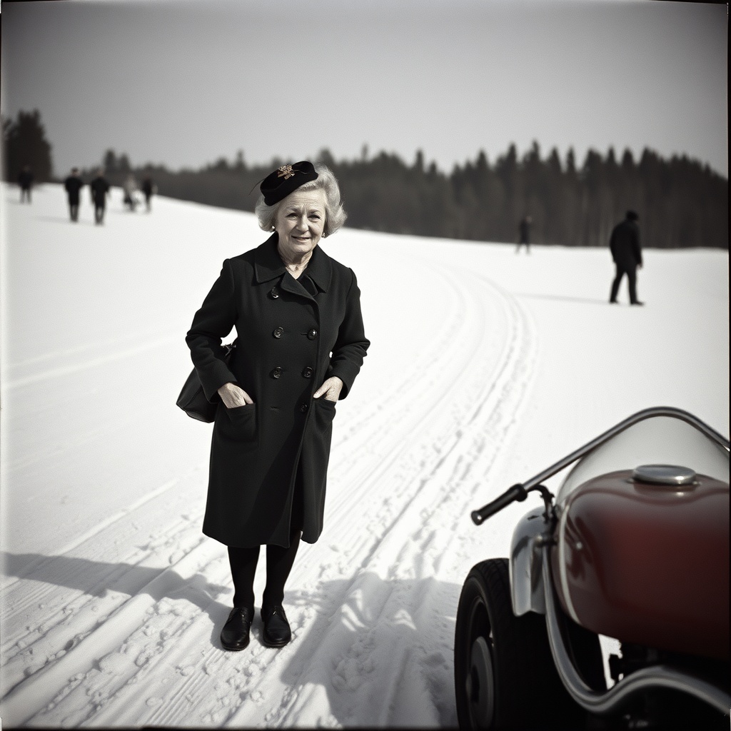 AI generated image by FLUX.1-schnell: ERstelle ein bild einer frau aus den 50er jahren auf einer piste