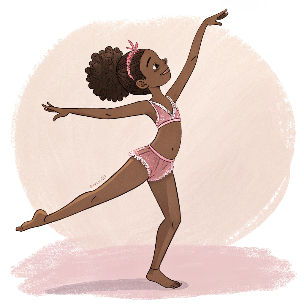 AI generated image by Red Panda AI: girl youth age=5<10 stripper seduction dance girl ebony youth age=5<10 lingerie attire Her movements are fluid and rhythmic, featuring strong footwork, undulating torso movements, and expressive hand gestures that tell a story. The dance incorporates characteristic movements like shoulder isolations, hip rotations, and jumps inspired