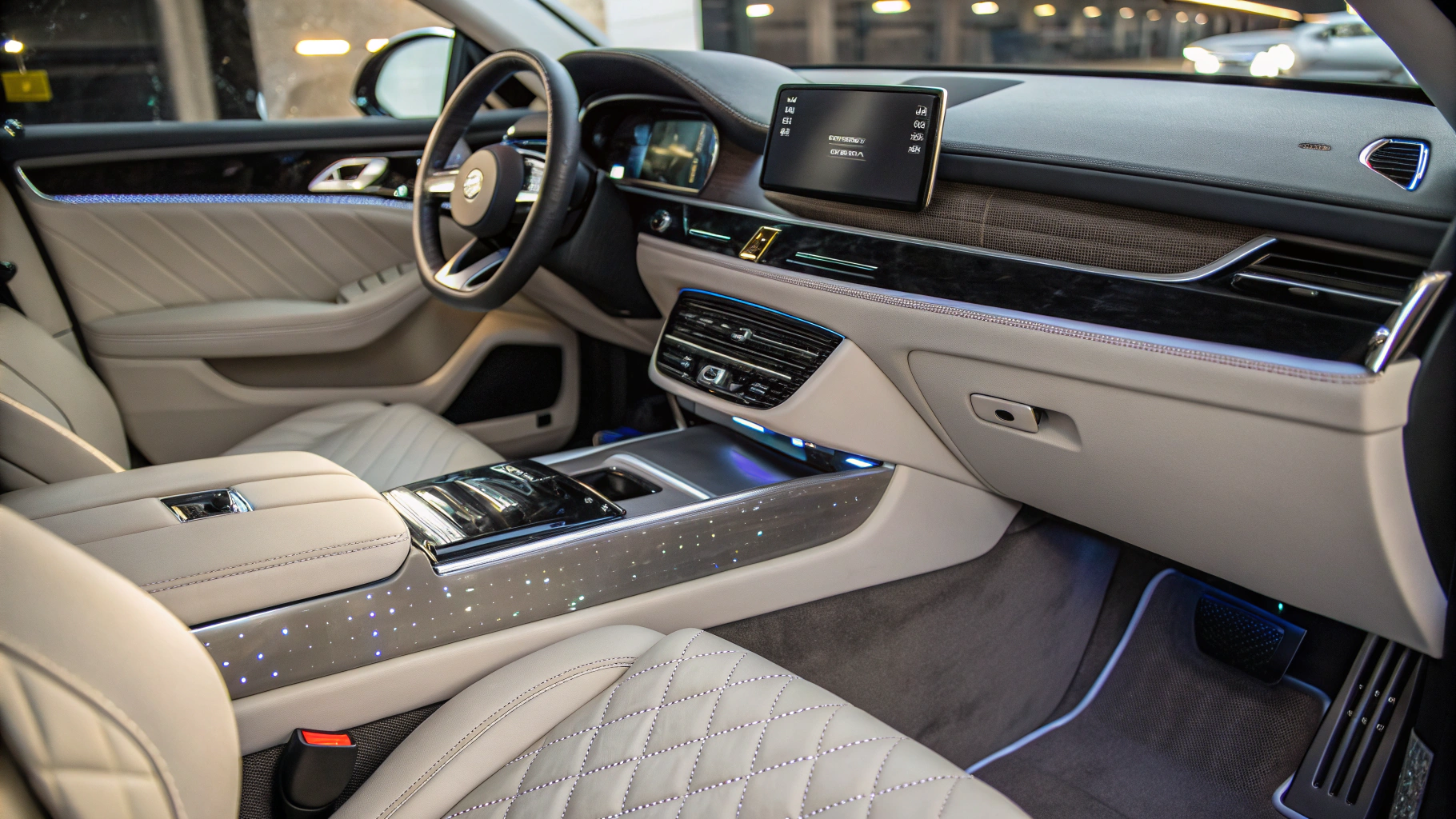 AI generated image by Red Panda AI: Render an image of a car interior designed for a modern and futuristic aesthetic. The perspective should show the dashboard, steering wheel, and front passenger seat area clearly. Focus on the glove compartment, which is customized with an integrated hand soap dispenser. The dispenser should have a sleek, minimalistic design with a touchless sensor, seamlessly embedded into the glove box door. The lighting inside the car should be soft and ambient, highlighting the details of the dispenser and creating a luxurious atmosphere. Include small design elements that emphasize cleanliness and innovation, such as subtle LED lights or smooth, polished surfaces.