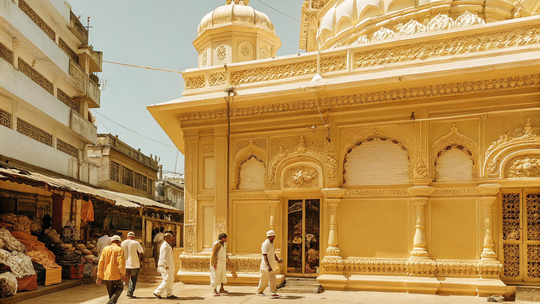 AI generated image by Red Panda AI: A vibrant and bustling street scene surrounding Dagdusheth Halwai Ganpati Mandir in Pune, India. The image showcases the temple's traditional architecture adorned with golden and intricate carvings. Devotees are seen offering prayers and walking around the temple. The surroundings include colorful shops selling flowers, sweets, and traditional offerings. Street vendors and a lively crowd create a festive atmosphere. The background has a mix of old and modern buildings with a bright blue sky above, adding charm to the cultural vibe of the area.