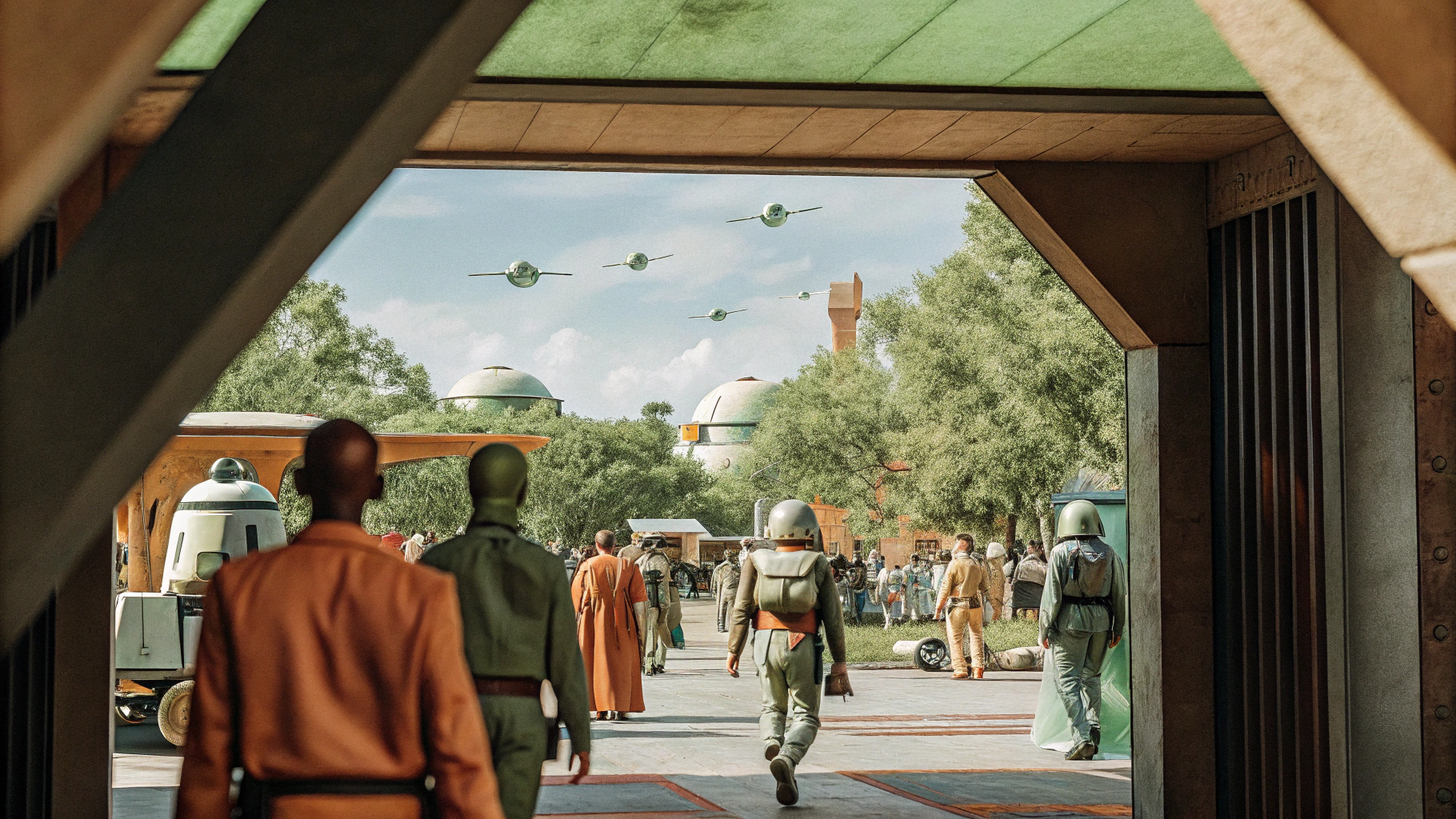 AI generated image by Red Panda AI: Star Wars Mos Eisley Spaceport, Deser Spaceport, crowd walking around of aliens droids humans, spaceships flying in the distant skies
