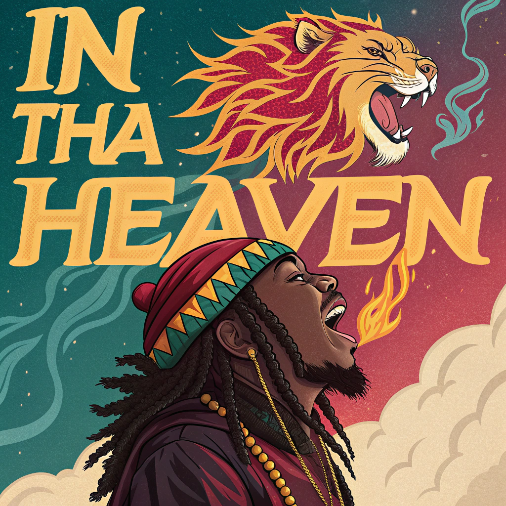 AI generated image by Red Panda AI: poster de rap basado en el titulo in tha heaven con raíces colombianas con la magia de un chaman con una mascara de un león rugiendo botando fuego por la boca