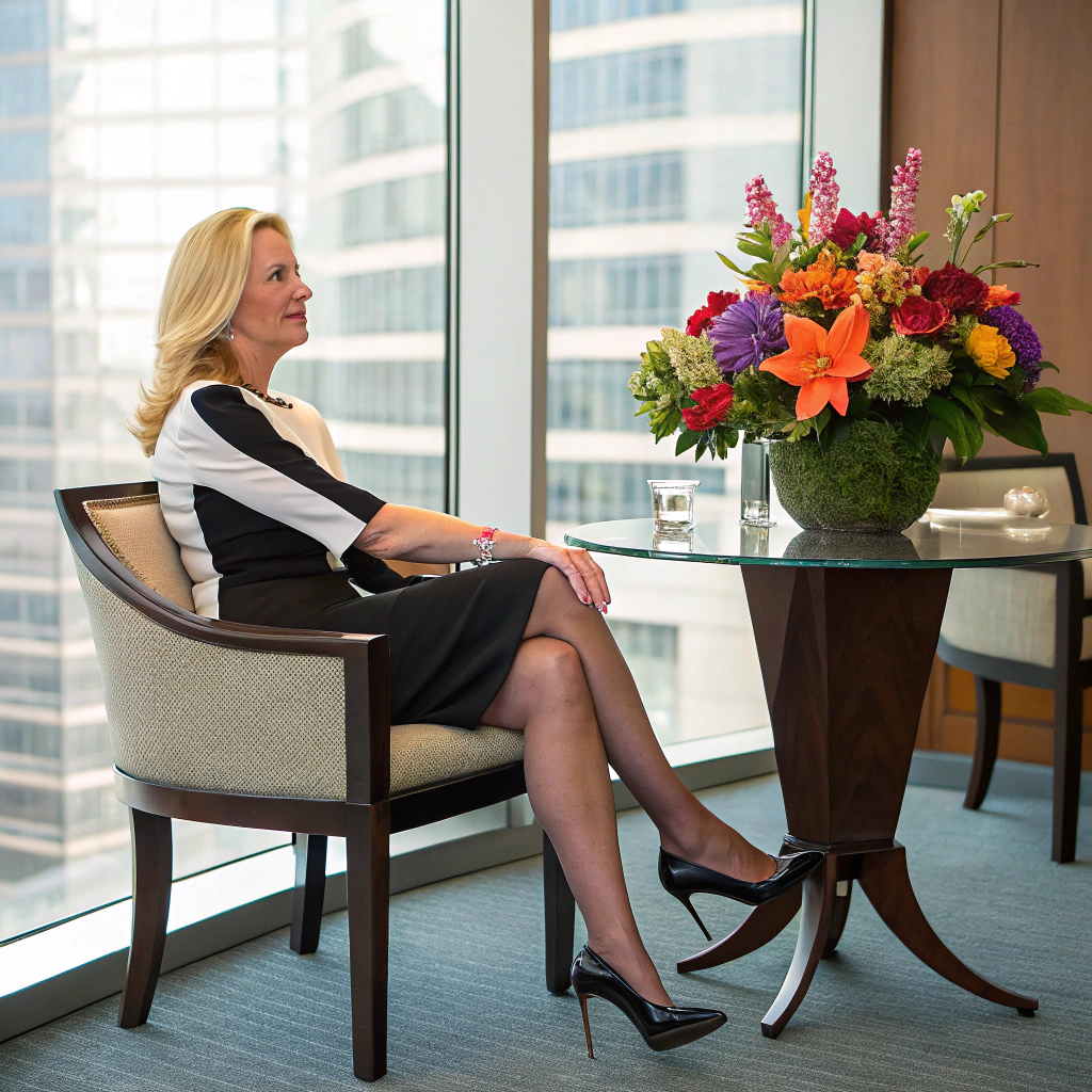 AI generated image by Red Panda AI: a realistic American woman with blond hair and formal black and white dress and high heels in an office tower sitting on a chair in conference room and a beautiful shining colorful flower basket on the table