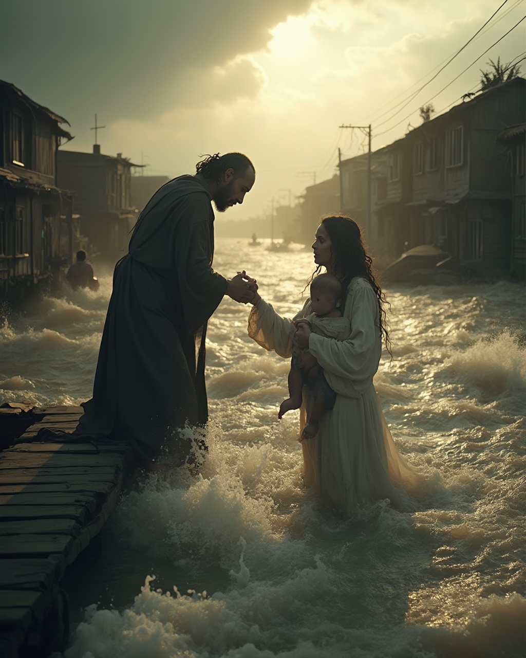 AI generated image by FLUX-Realism-Lora: A wide-angle, cinematic video shot captures an emotionally intense and visually dramatic rescue scene set amidst a turbulent flood. The scene opens with a sweeping dolly-in movement from a distant, slightly elevated angle, gradually zooming in to reveal a woman clutching a small child in her arms. She stands waist-deep in violent, rushing floodwaters, her face expressing a mix of despair and hope as she gazes upwards, reaching out to a figure in robes standing on a wooden bridge. This robed figure, embodying calm and compassion, leans forward, extending a supportive hand to the woman, creating a powerful moment of connection. The background shows the devastation caused by the flood, with wooden houses tilted and partially submerged, and the remnants of a stormy sky casting a soft, diffused golden light that emphasizes both destruction and salvation. The camera stabilizes for a brief moment on a close-up of their clasped hands, highlighting the tension and strength in their grip, before subtly pulling back to a wider view that captures the full scope of the flooding around them. High-definition, hyper-realistic details bring every ripple, splash, and emotion to life, with masterful lighting accentuating the contrasting elements of chaos and tranquility. Shot with IMAX camera quality, the video maintains ultra-smooth, coherent movement, drawing viewers into the heart of this cinematic, spiritually evocative moment, achieving photorealism and award-winning cinematography in a breathtaking portrayal of survival and faith.