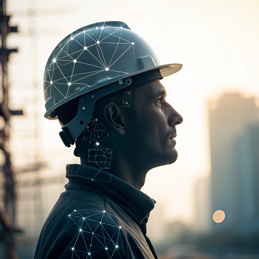 AI generated image by Red Panda AI: El contorno de una cabeza con un casco de construcción mirando de costado. La mitad de la cabeza tiene que tener la red neuronal de Inteligencia Artificial.
