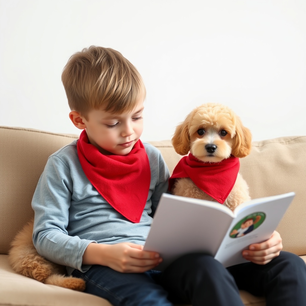 AI generated image by FLUX.1-schnell: A photo of a child reading a book to a dog. The Boy is 9 years old and the dog is a small poodle wearing a red triangle towel around its neck. The dog is sitting relaxed beside the child, and the child feels very comfortable.