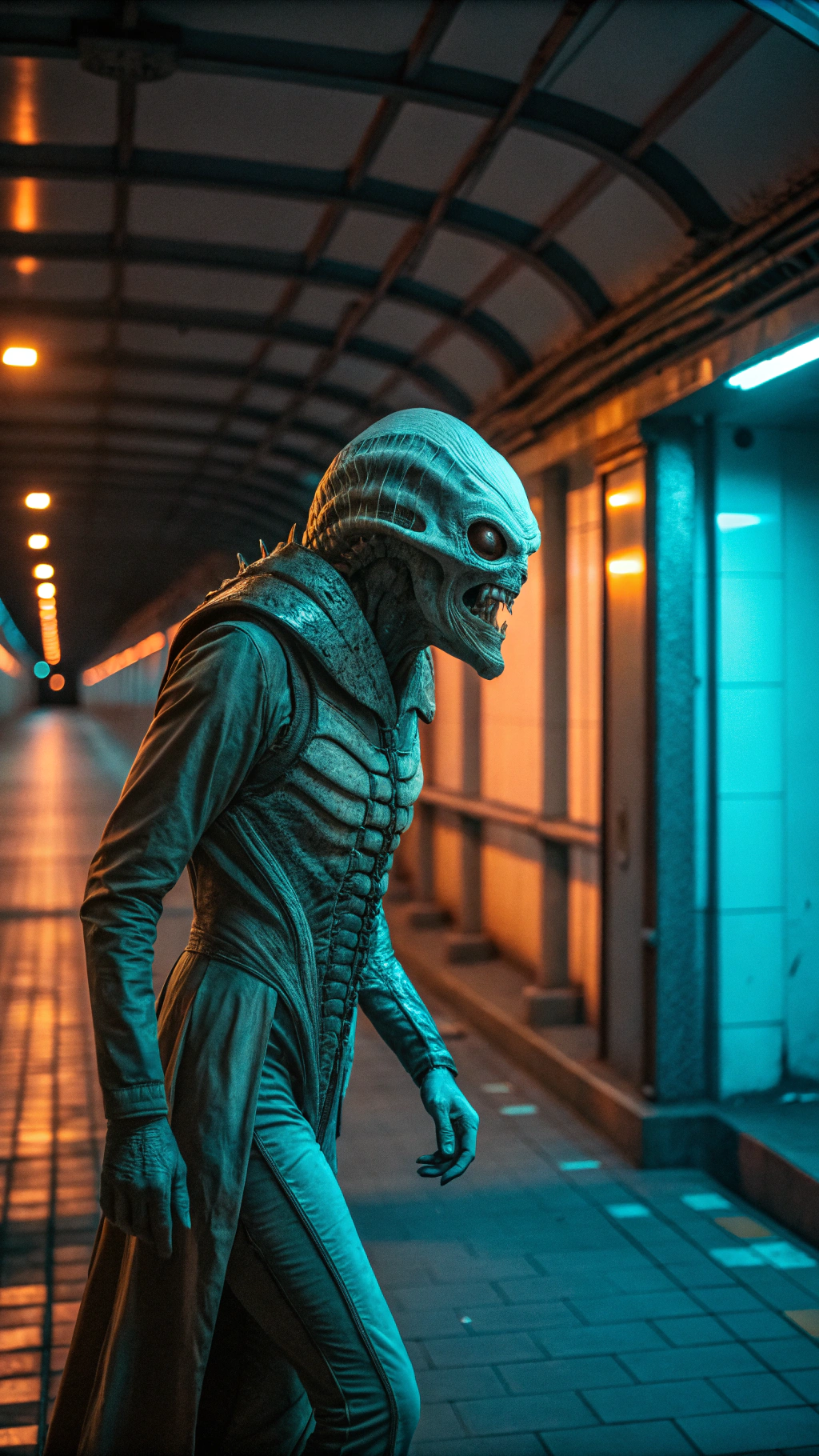 AI generated image by Red Panda AI: In hr giger cree style, an anthropomorphic Ameronothroidea asymmetrical ethereal creature, 8k, hyperrealistic, distorted, sinister, scary, cinematic, cool cyan and orange color